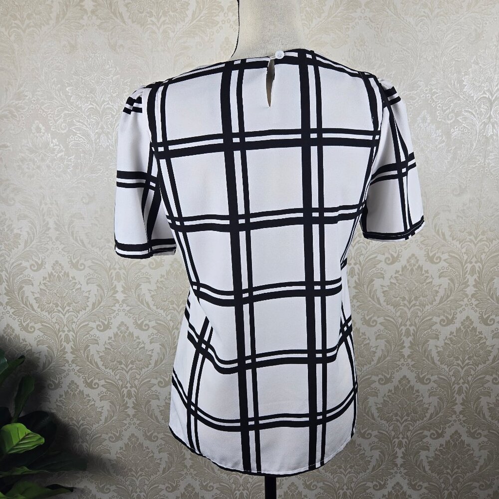 Zara Basic Sz Large White Black Plaid Blouse Roun… - image 4